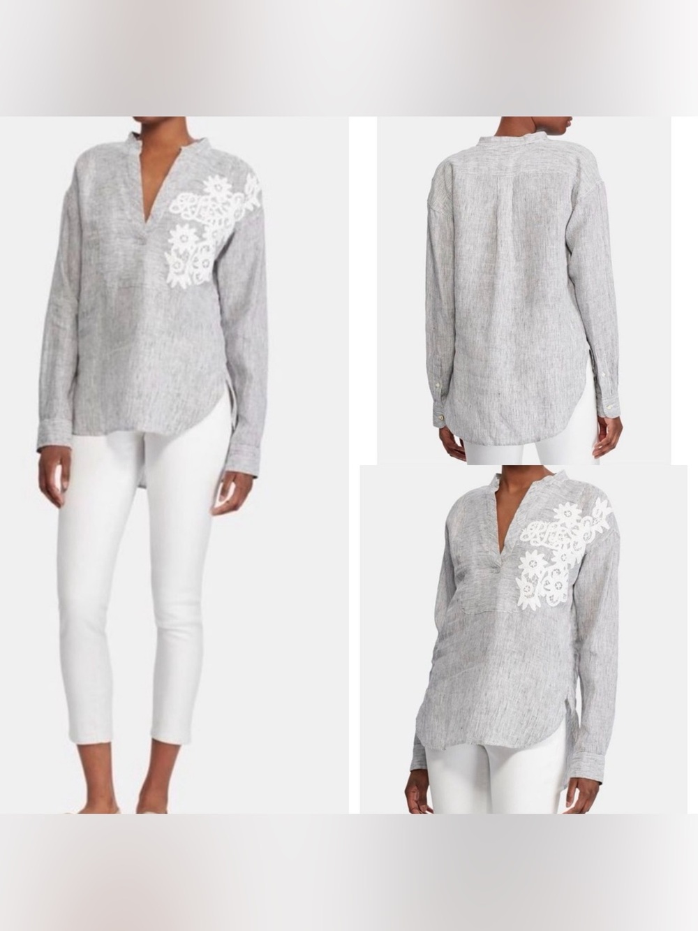 Ralph Lauren Striped Linen Top with White Floral Appliqué